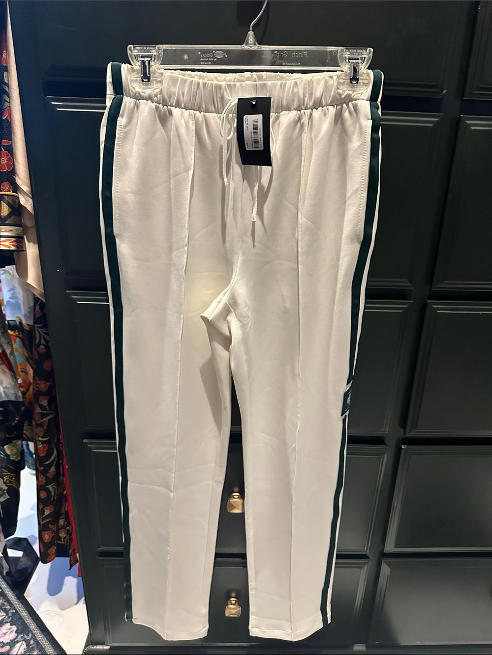 NWT Darc Sport Men's White Track Pants with Green Side Stripes